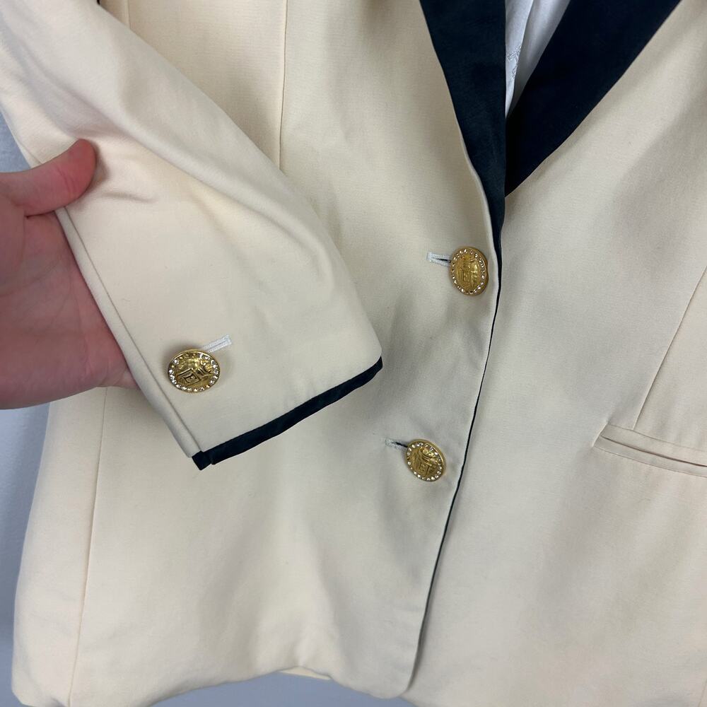 Escada Vintage 90s Cream Wool Black Lapel Structured Blazer L - Picture 3 of 7